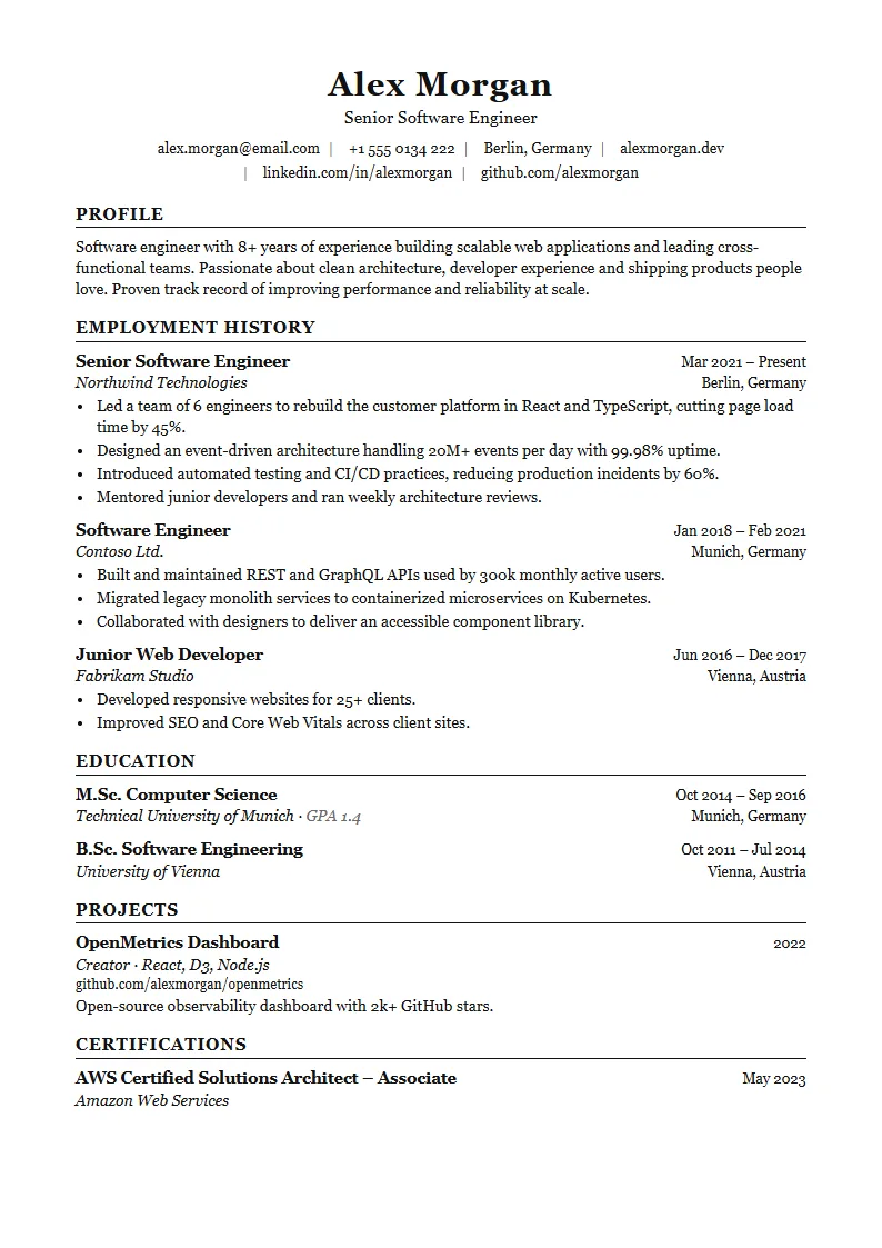ATS Classic CV template – example page