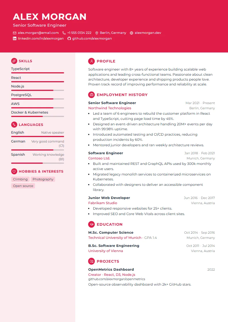 Bold CV template – example page