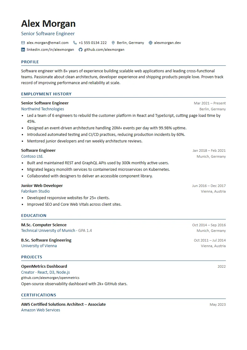 Clean CV template – example page