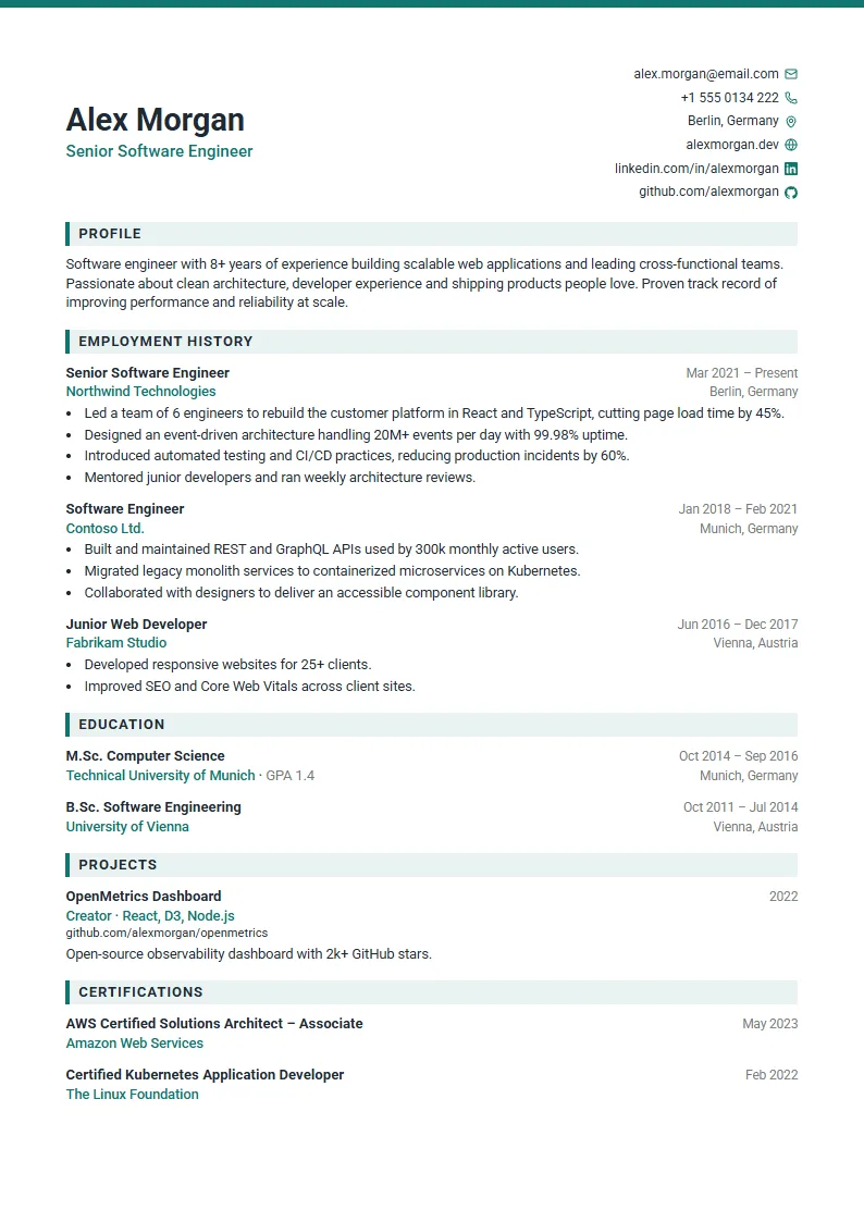 Corporate CV template – example page