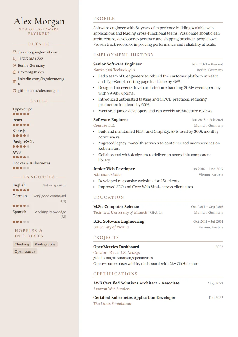 Elegant CV template – example page