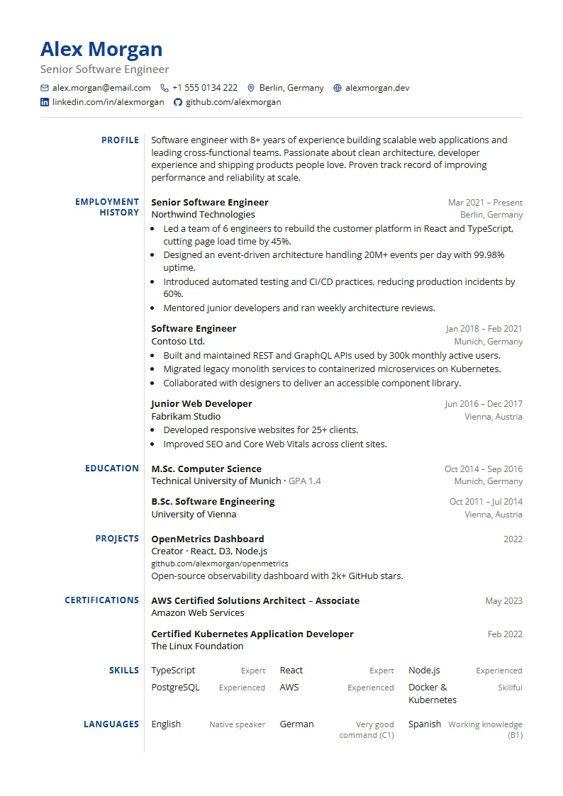 EU Classic CV template – example page