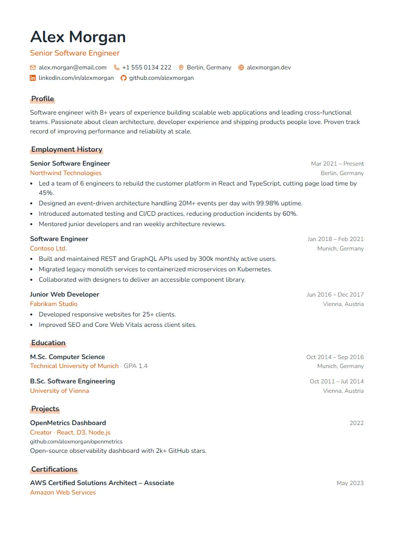 Fresh CV template – example page