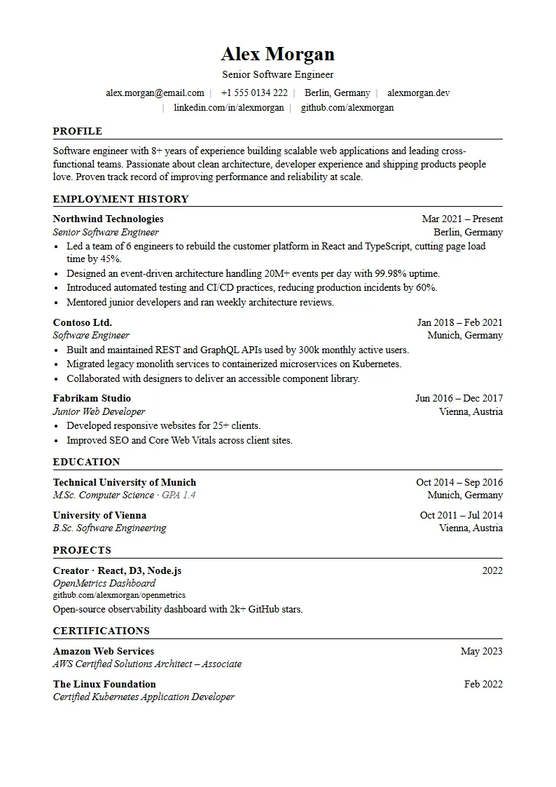 Harvard CV template – example page