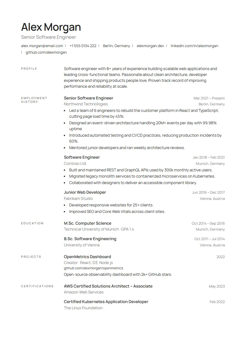 Minimal CV template – example page