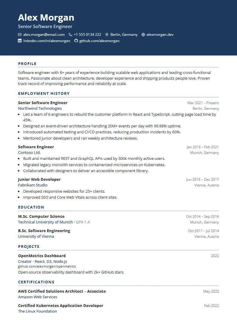 Professional CV template – example page