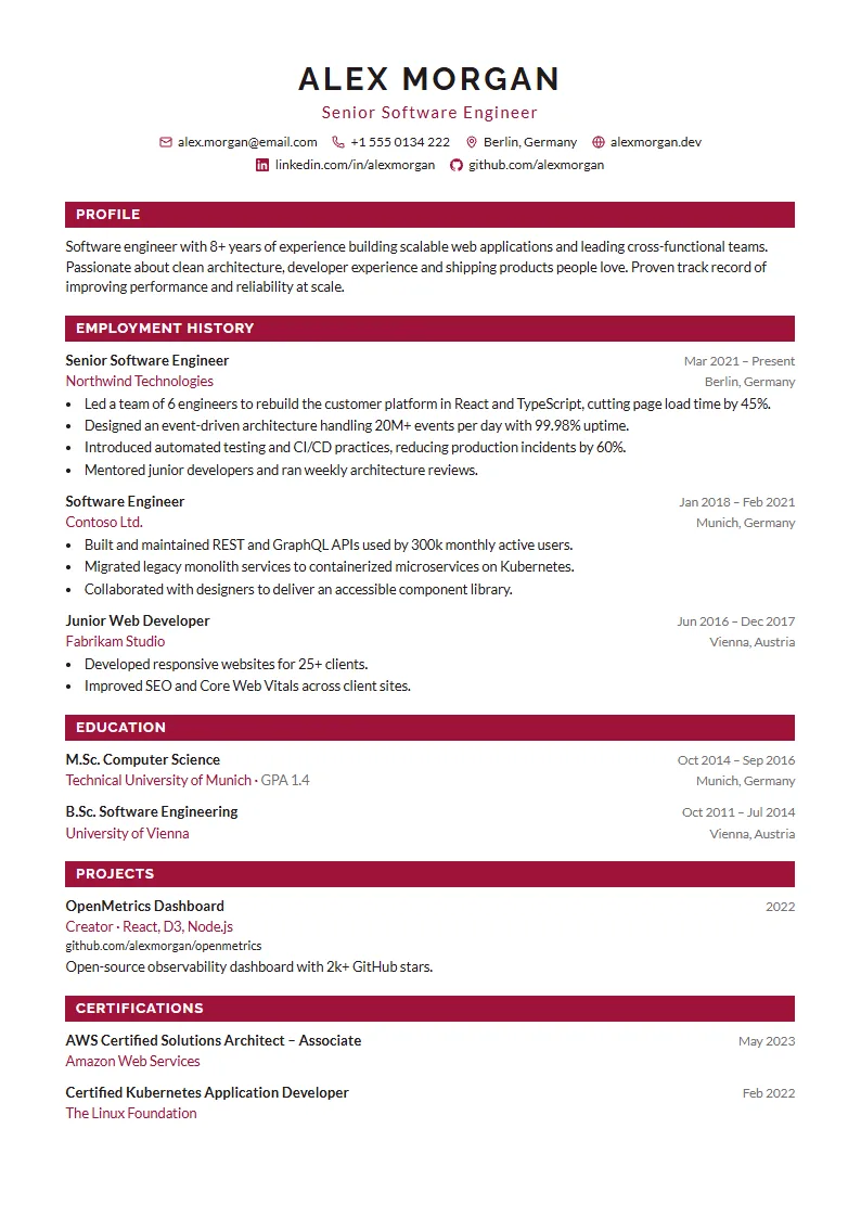 Ribbon CV template – example page