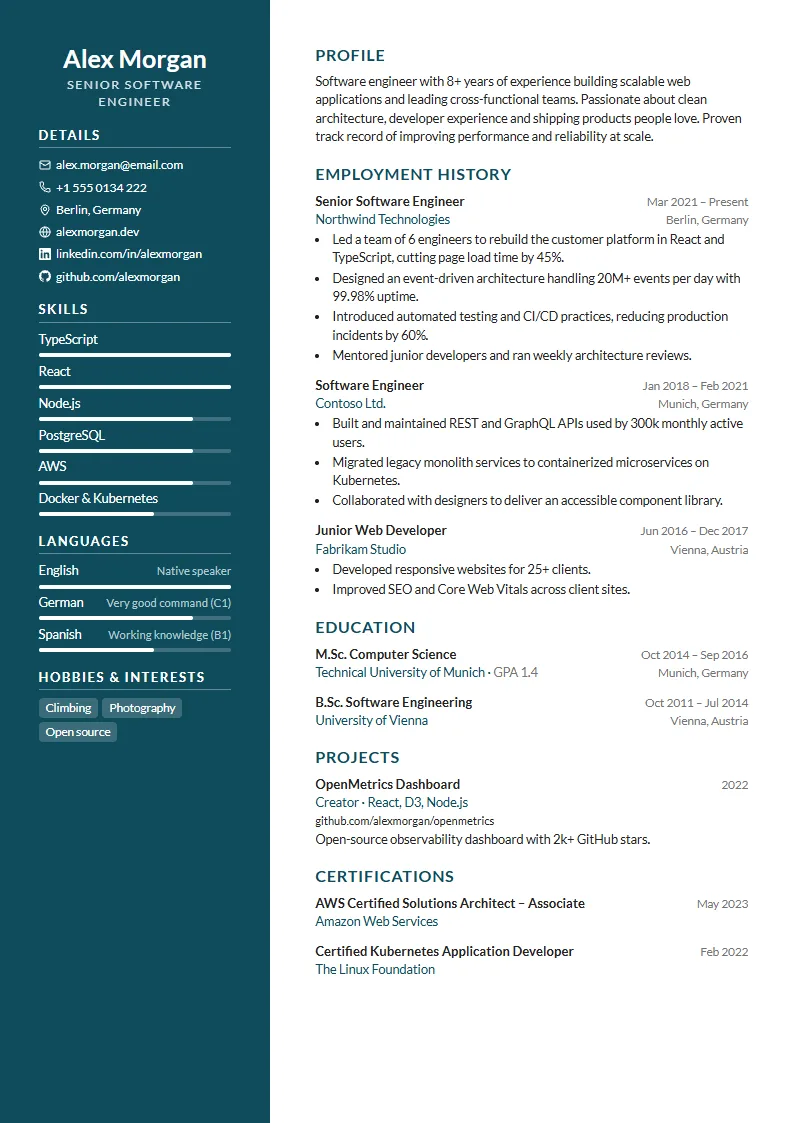 Nordic CV template – example page