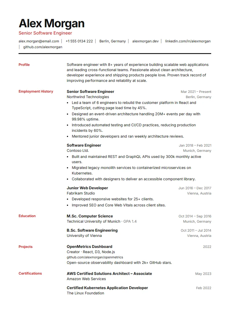 Swiss CV template – example page