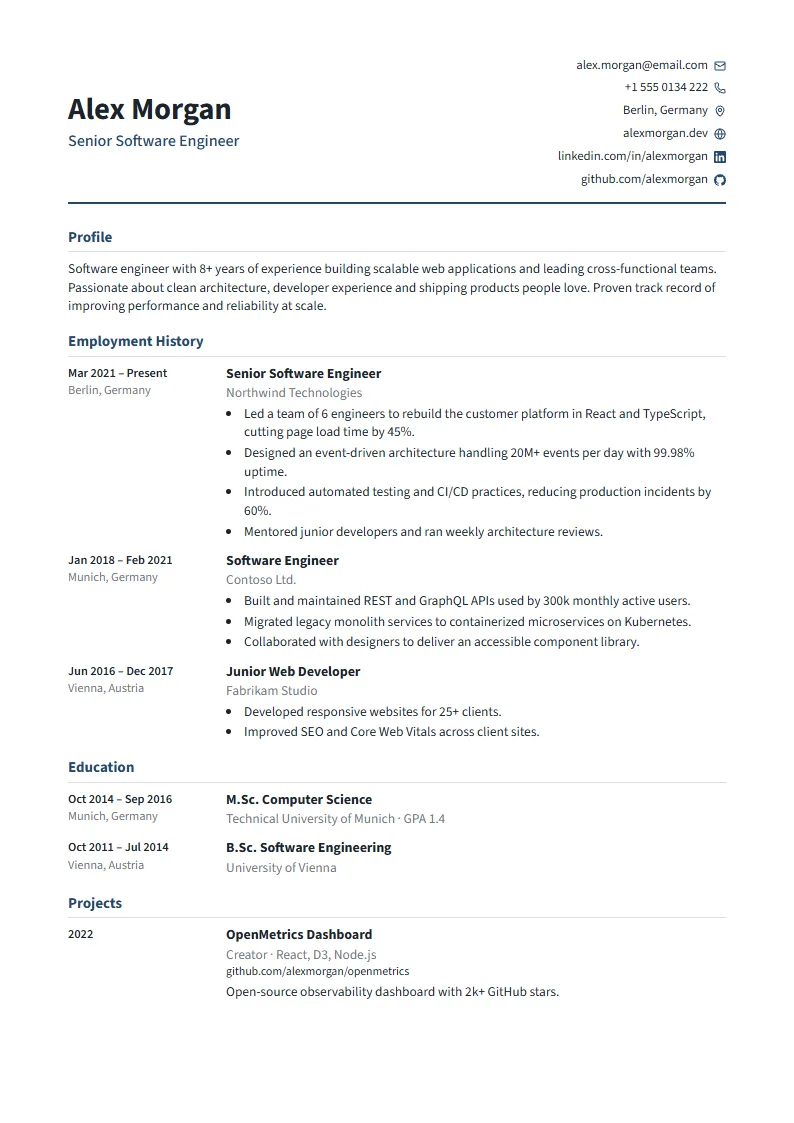 Tabular CV template – example CV
