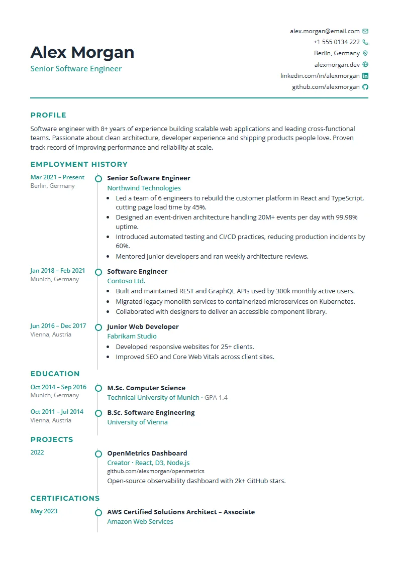 Timeline CV template – example page